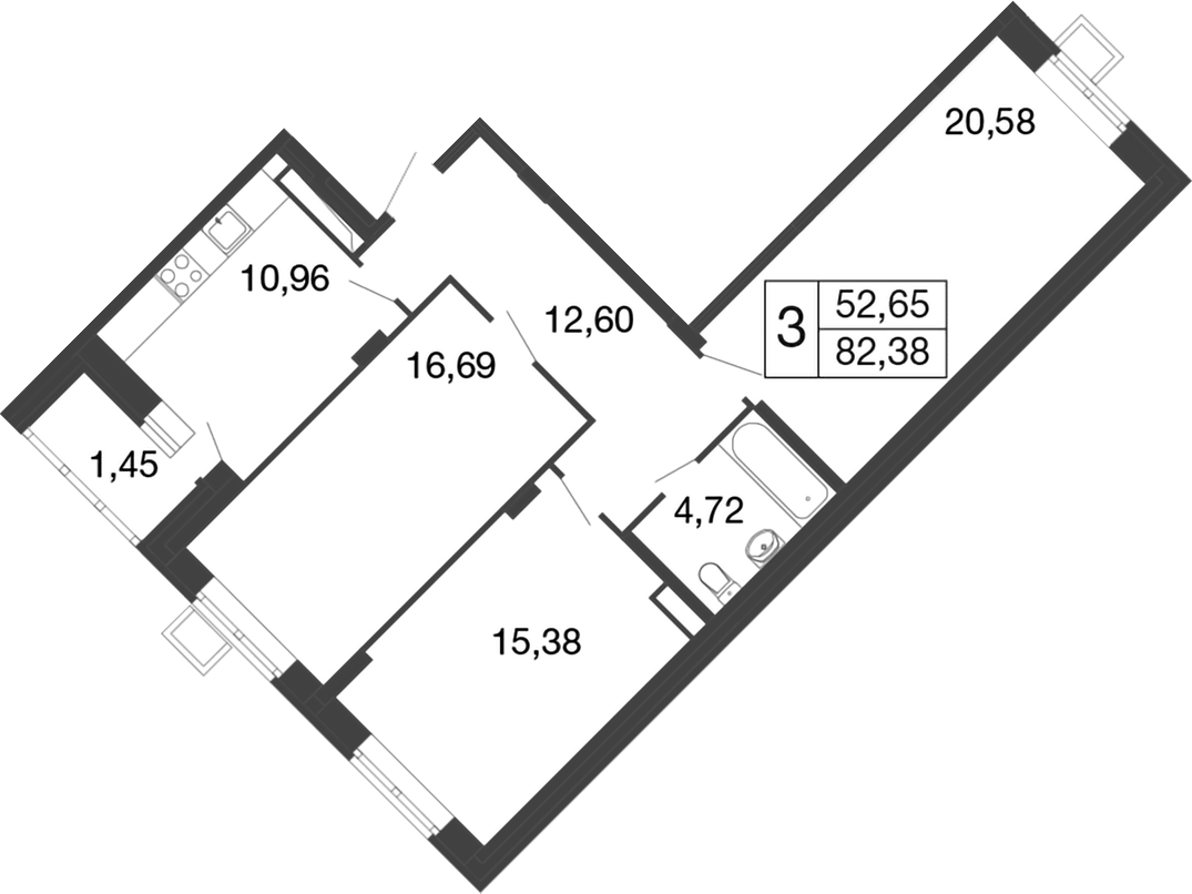 Планировка трёхкомнатная 82.38 м² в ЖК «Времена года», корпус 11