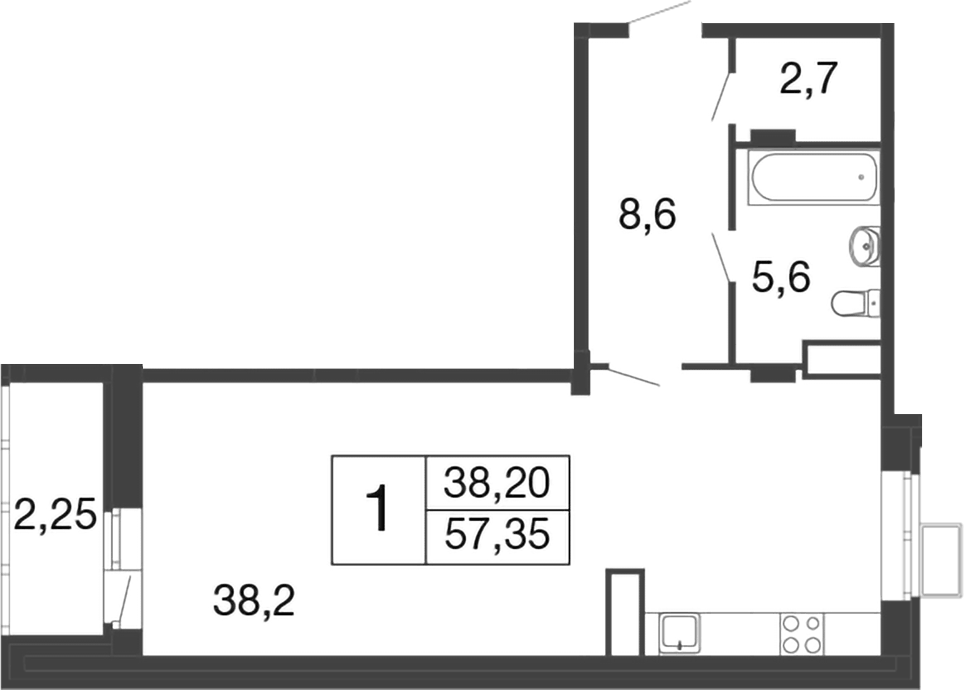 Планировка Студии 57.35 м² в ЖК «Времена года», корпус 2