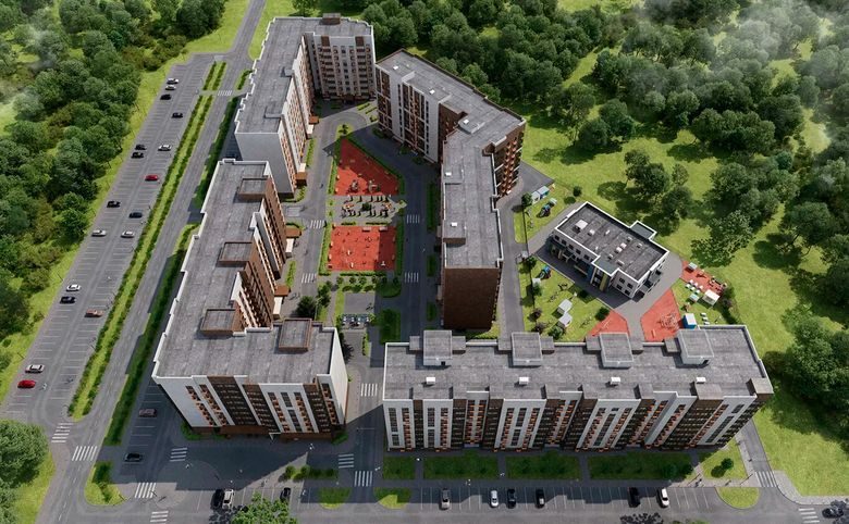 Времена года — Квартал с высоты: корпуса вокруг спортивного ядра и детского