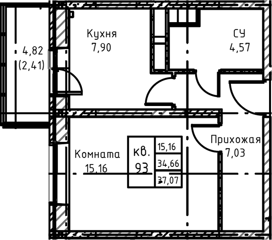 Планировка однокомнатная 37.07 м² в ЖК «Высокий Берег», корпус 1
