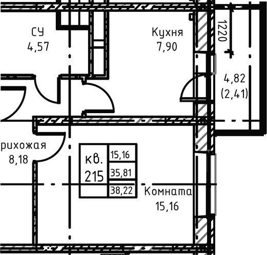 Планировка однокомнатная 40.2 м² в ЖК «Высокий Берег», корпус 1