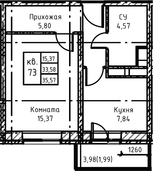 Планировка однокомнатная 40.3 м² в ЖК «Высокий Берег», корпус 1