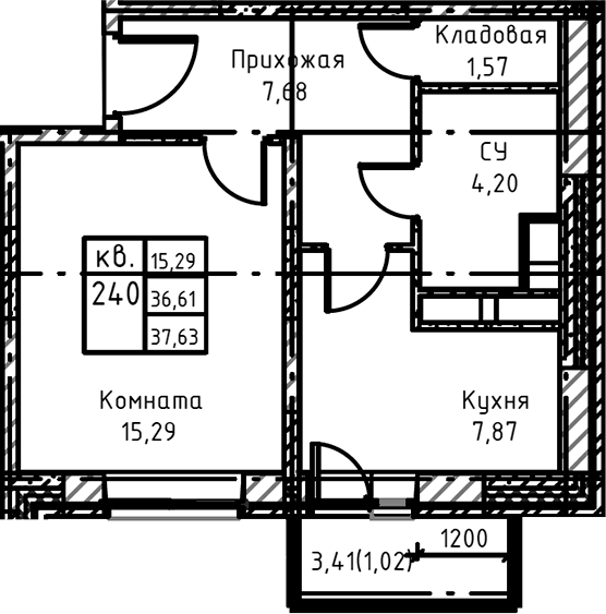 Планировка однокомнатная 40.8 м² в ЖК «Высокий Берег», корпус 1
