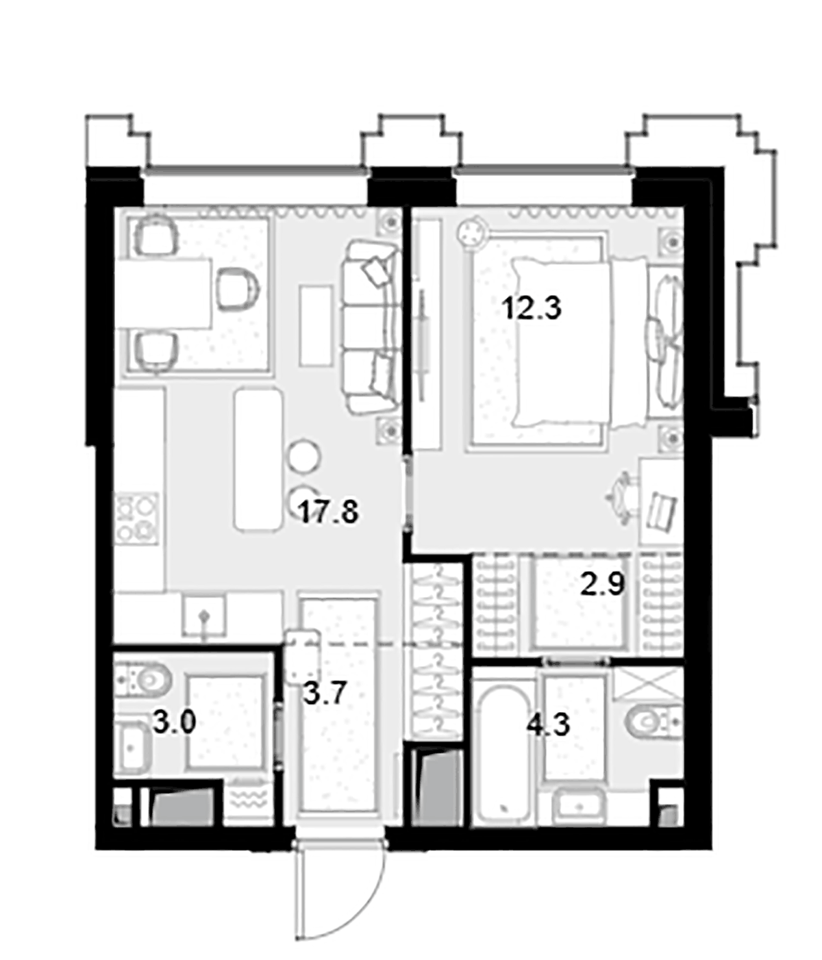 Планировка однокомнатная 44 м² в ЖК «Высотка на Жукова», корпус 1