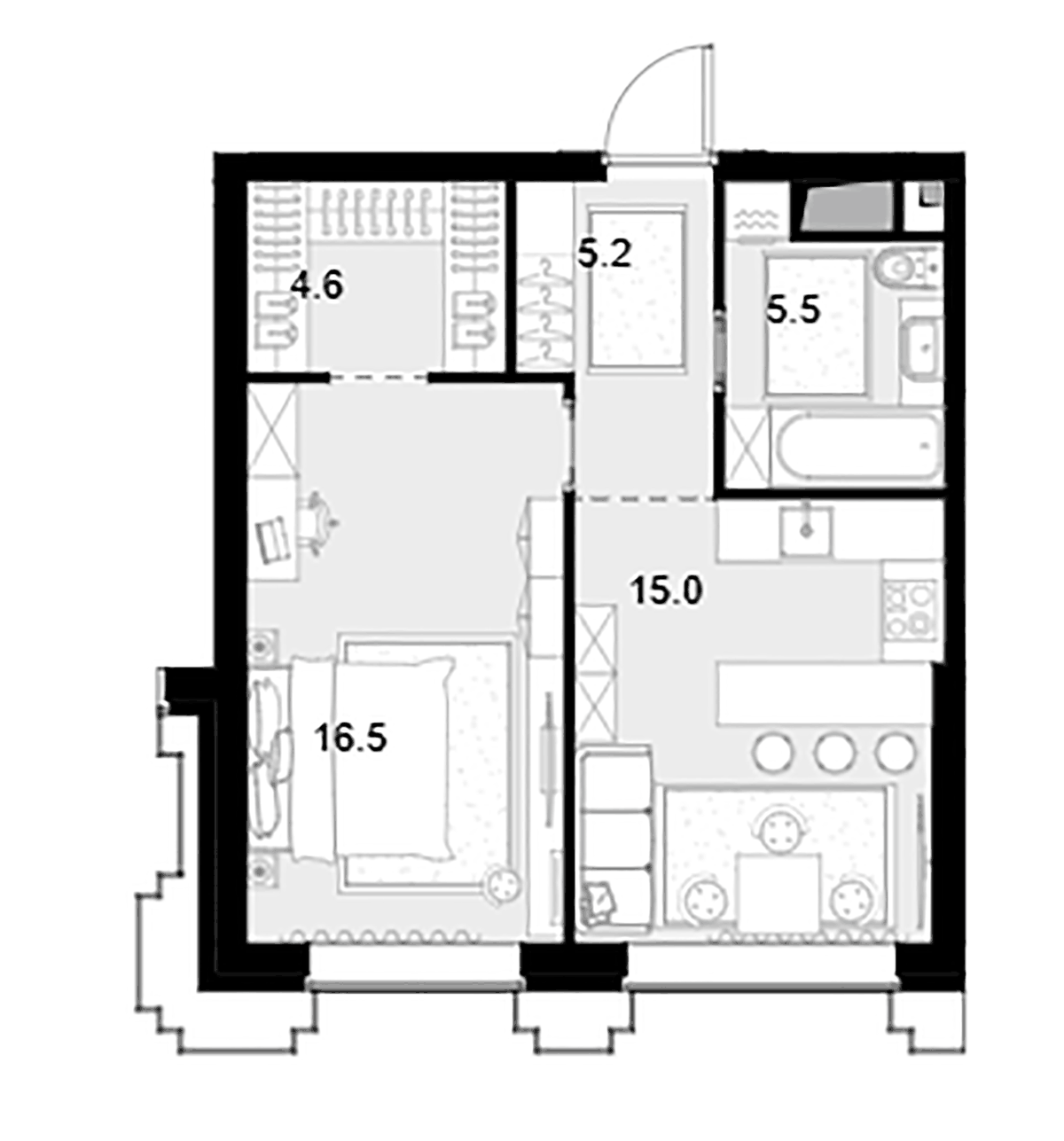 Планировка однокомнатная 46.8 м² в ЖК «Высотка на Жукова», корпус 1