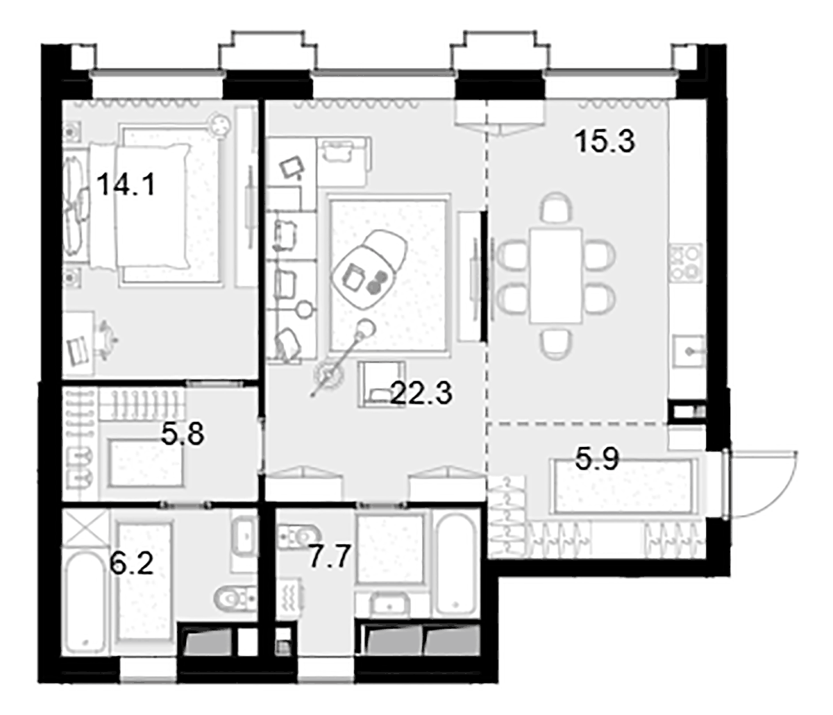 Планировка евродвушка (2Е) 77.3 м² в ЖК «Высотка на Жукова», корпус 1