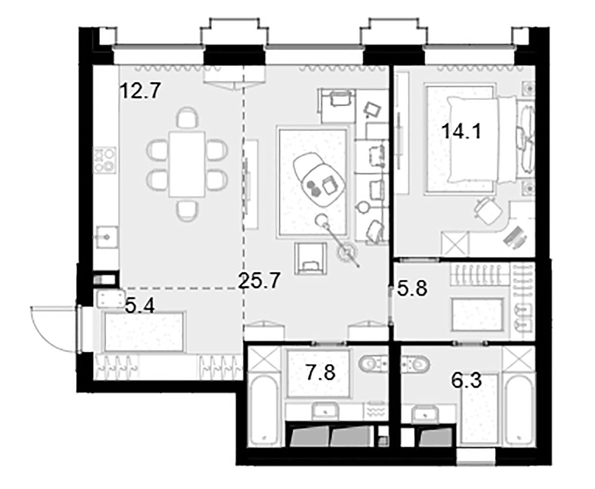 Планировка евродвушка (2Е) 77.8 м² в ЖК «Высотка на Жукова», корпус 1