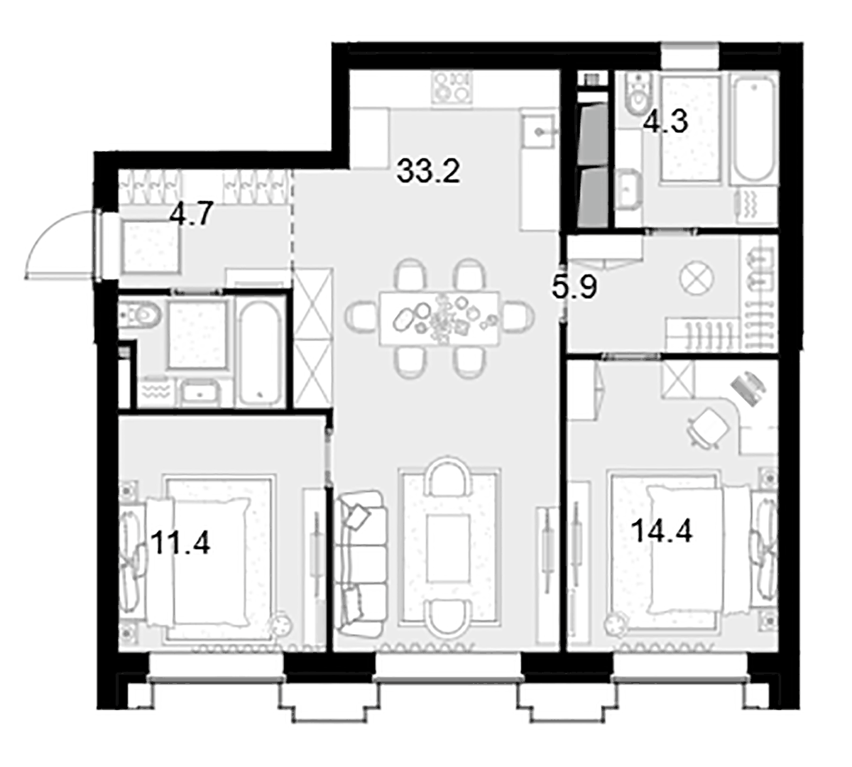 Планировка двухкомнатная 79.8 м² в ЖК «Высотка на Жукова», корпус 1