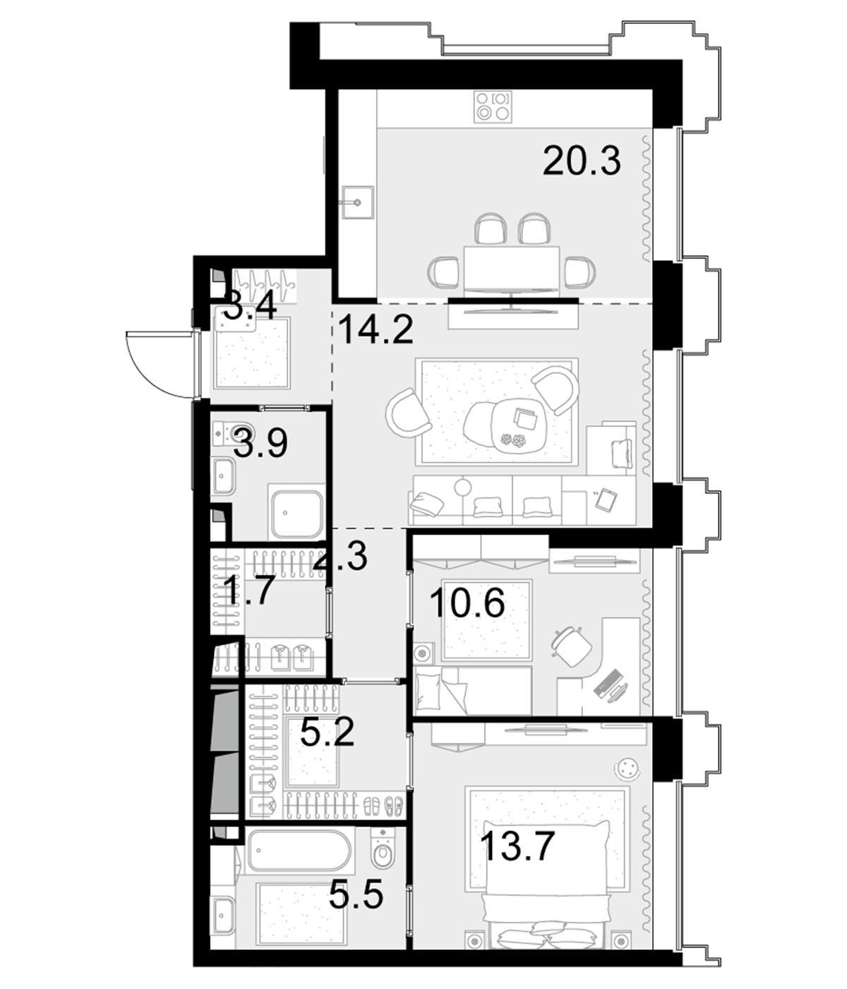 Планировка евротрёшка (3Е) 80.8 м² в ЖК «Высотка на Жукова», корпус 1