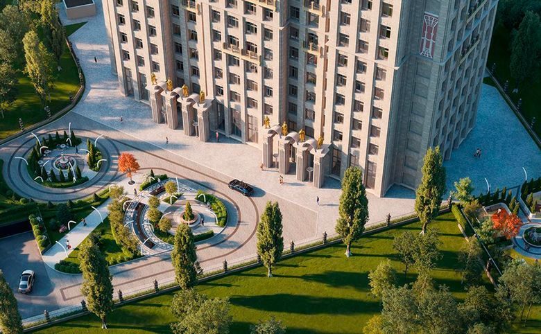 Высотка на Жукова — Двор сверху — закрытая от машин территория с озеленением, ск