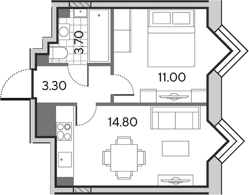 Планировка однокомнатная 32.8 м² в ЖК «Вейв», корпус 6