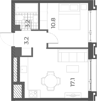 Планировка однокомнатная 36.5 м² в ЖК «Вейв», корпус 3 (Indigo)