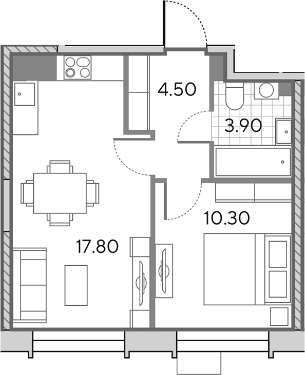 Планировка евродвушка (2Е) 36.5 м² в ЖК «Вейв», корпус 1