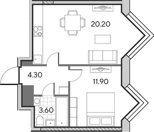 Планировка евродвушка (2Е) 40 м² в ЖК «Вейв», корпус 6