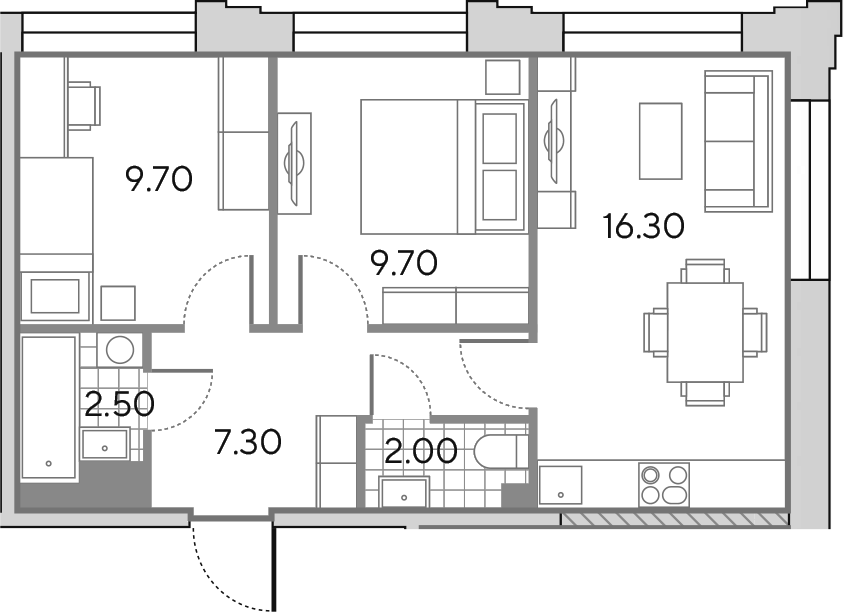 Планировка евротрёшка (3Е) 47.5 м² в ЖК «Вейв», корпус 4