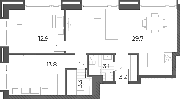 Планировка евротрёшка (3Е) 66 м² в ЖК «Вейв», корпус 2 (Bondi)