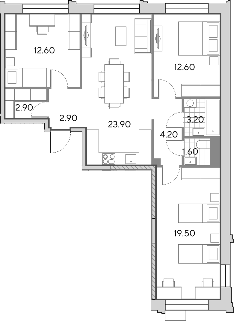 Планировка евро-4 (4Е) 83.4 м² в ЖК «Вейв», корпус 3