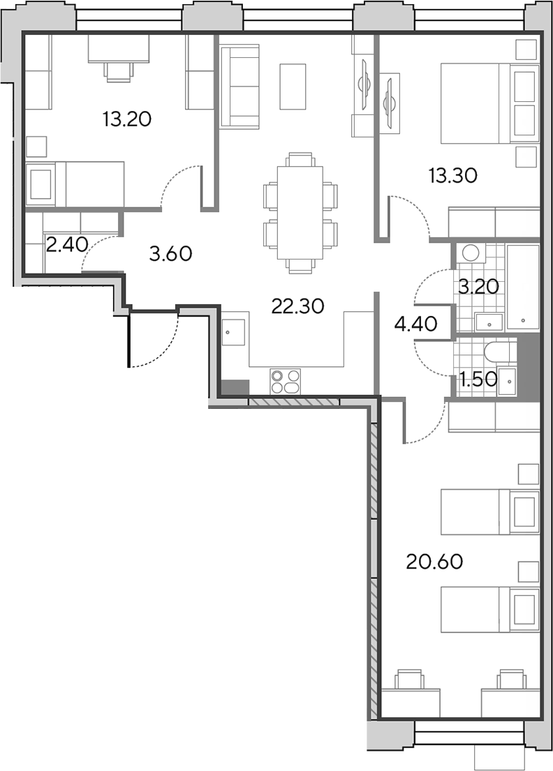 Планировка евро-4 (4Е) 84.5 м² в ЖК «Вейв», корпус 2