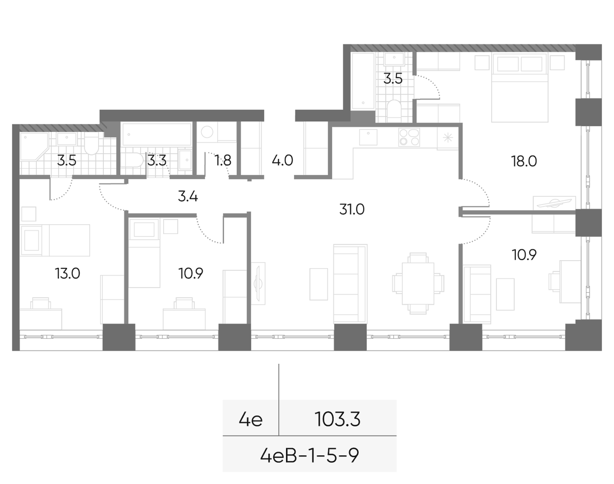 Планировка 5Е-к.кв 103.3 м² в ЖК «Вейв», корпус 4(Sapphire)
