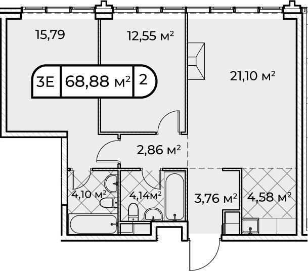 Планировка евротрёшка (3Е) 68.88 м² в ЖК «Собрание клубных домов West Garden», корпус 14