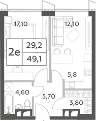 Планировка однокомнатная 49.1 м² в ЖК «Will Towers», корпус 3 - Вдохновение