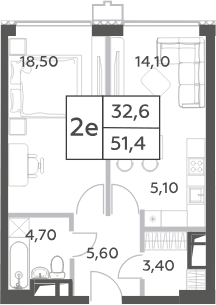 Планировка однокомнатная 51.4 м² в ЖК «Will Towers», корпус 2 - Энергия