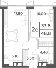Планировка евродвушка (2Е) 48.8 м² в ЖК «Will Towers», корпус 3 - Вдохновение