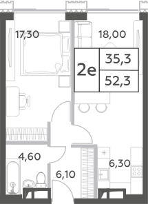 Планировка евродвушка (2Е) 52.3 м² в ЖК «Will Towers», корпус 1 -Творчество