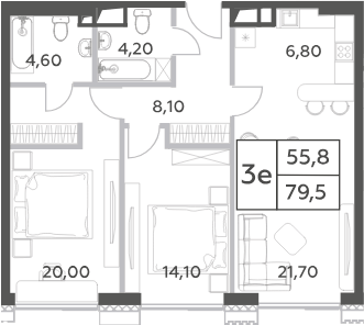 Планировка евротрёшка (3Е) 79.5 м² в ЖК «Will Towers», корпус 1 -Творчество