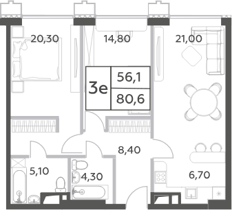 Планировка евротрёшка (3Е) 80.6 м² в ЖК «Will Towers», корпус 2 - Энергия