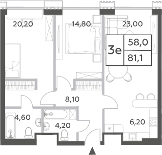 Планировка евротрёшка (3Е) 81.1 м² в ЖК «Will Towers», корпус 1 -Творчество