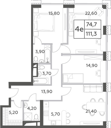 Планировка евро-4 (4Е) 111.3 м² в ЖК «Will Towers», корпус 1 -Творчество