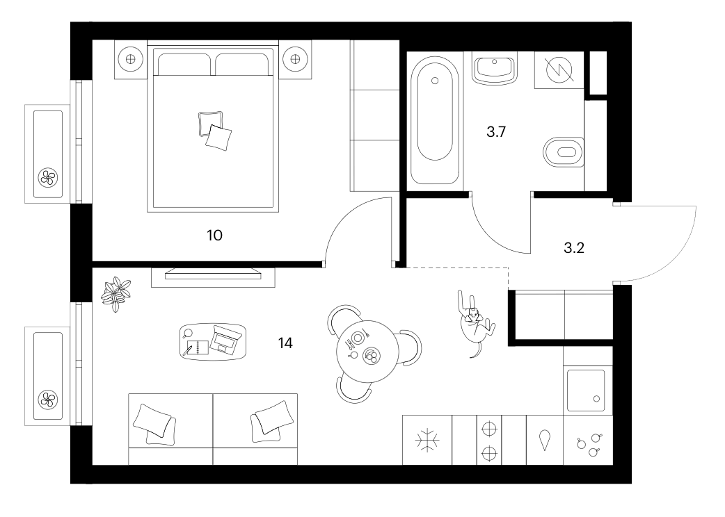 Планировка однокомнатная 30.9 м² в ЖК «Ярославский», корпус 15.4