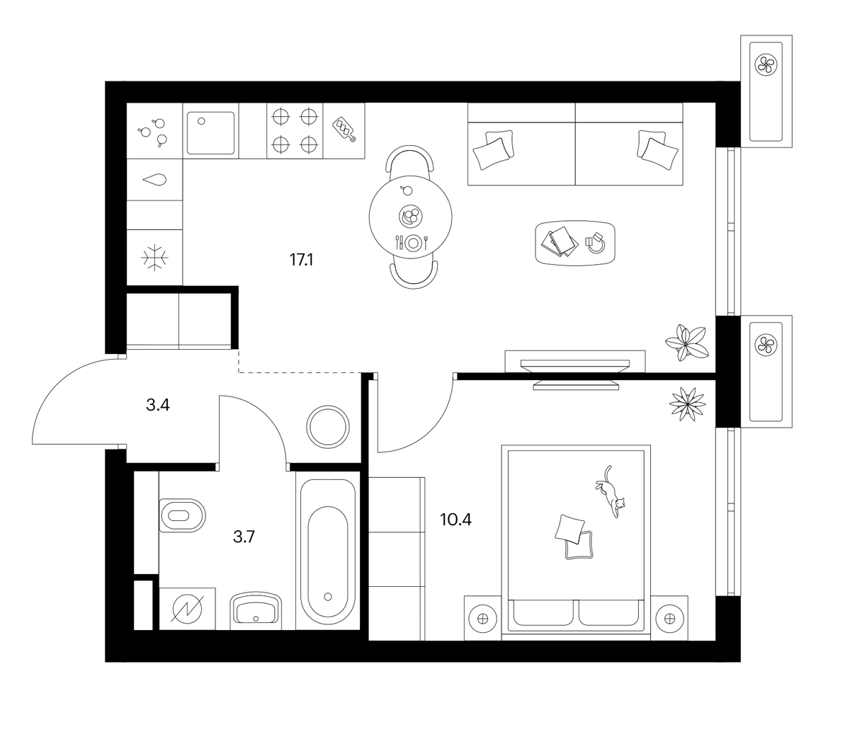 Планировка однокомнатная 34.6 м² в ЖК «Ярославский», корпус 15.3.2