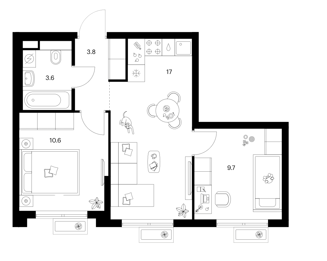 Планировка двухкомнатная 44.7 м² в ЖК «Ярославский», корпус 15.4