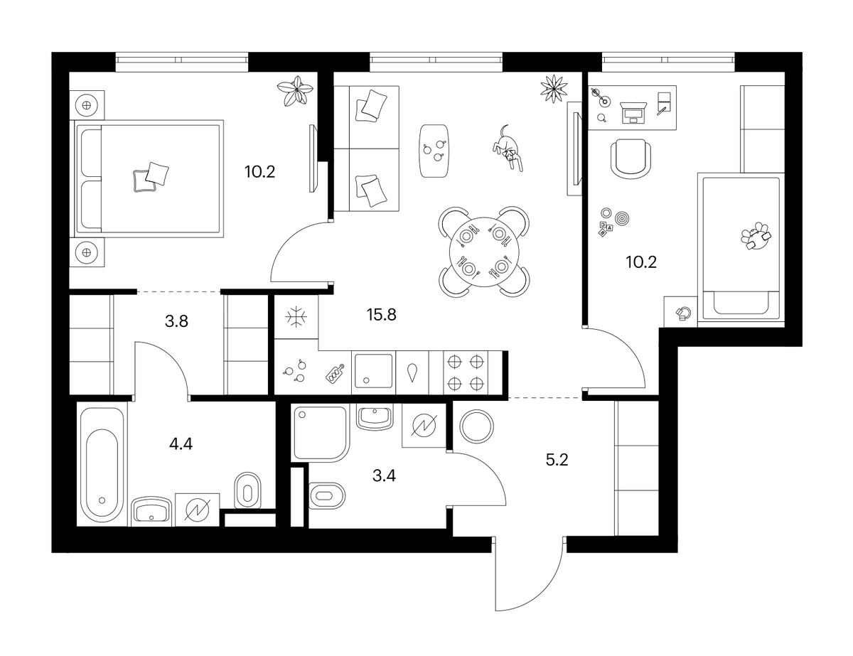 Планировка двухкомнатная 53 м² в ЖК «Ярославский», корпус 15.3.2