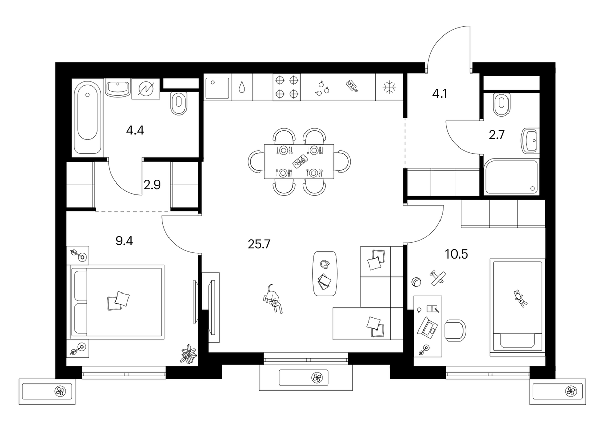 Планировка двухкомнатная 59.7 м² в ЖК «Ярославский», корпус 15.3.2