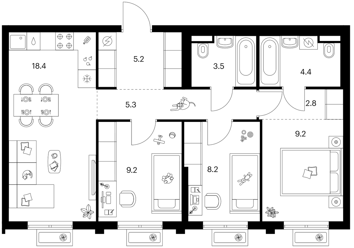 Планировка трёхкомнатная 66.2 м² в ЖК «Ярославский», корпус 15.4