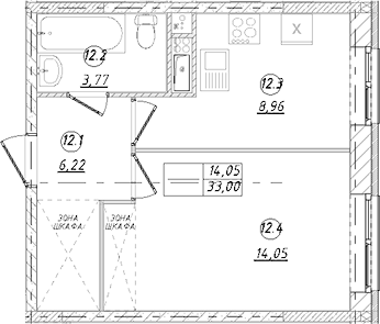 Планировка однокомнатная 33 м² в ЖК «Юго-Западный квартал», корпус 1