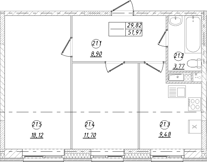 Планировка двухкомнатная 51.97 м² в ЖК «Юго-Западный квартал», корпус 1
