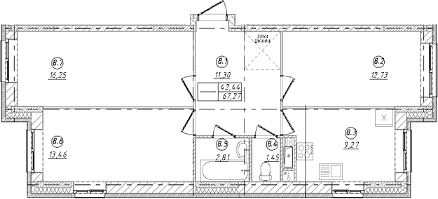 Планировка трёхкомнатная 67.27 м² в ЖК «Юго-Западный квартал», корпус 4