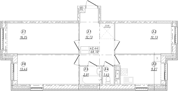 Планировка трёхкомнатная 68.7 м² в ЖК «Юго-Западный квартал», корпус 1