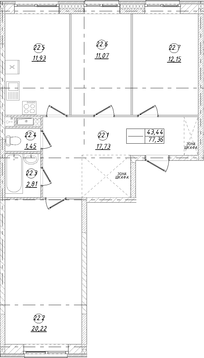 Планировка трёхкомнатная 77.36 м² в ЖК «Юго-Западный квартал», корпус 1
