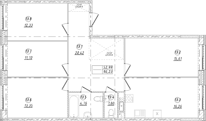 Планировка четырёхкомнатная 96.23 м² в ЖК «Юго-Западный квартал», корпус 1