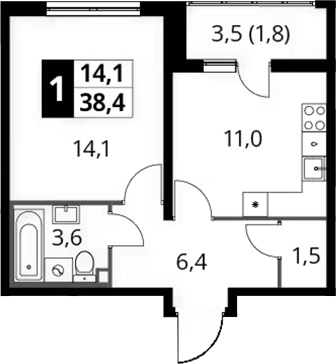 Планировка однокомнатная 38.4 м² в ЖК «Южная Битца», корпус 7