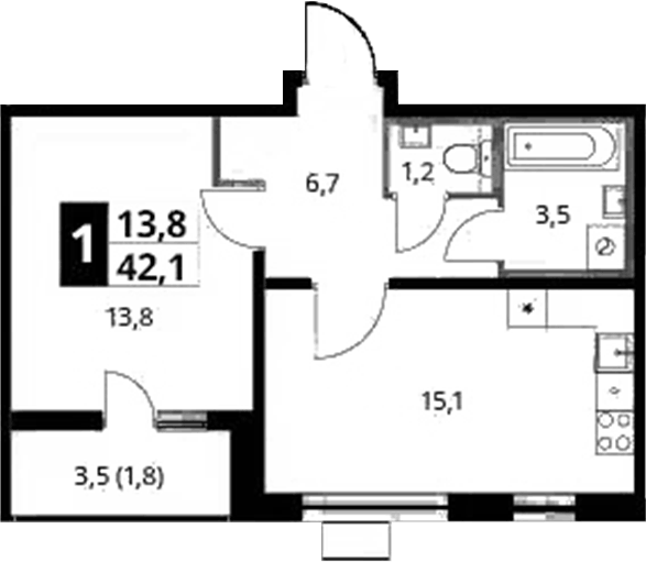 Планировка евродвушка (2Е) 43.4 м² в ЖК «Южная Битца», корпус 11