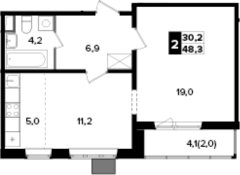 Планировка евродвушка (2Е) 48.3 м² в ЖК «Южная Битца», корпус 6
