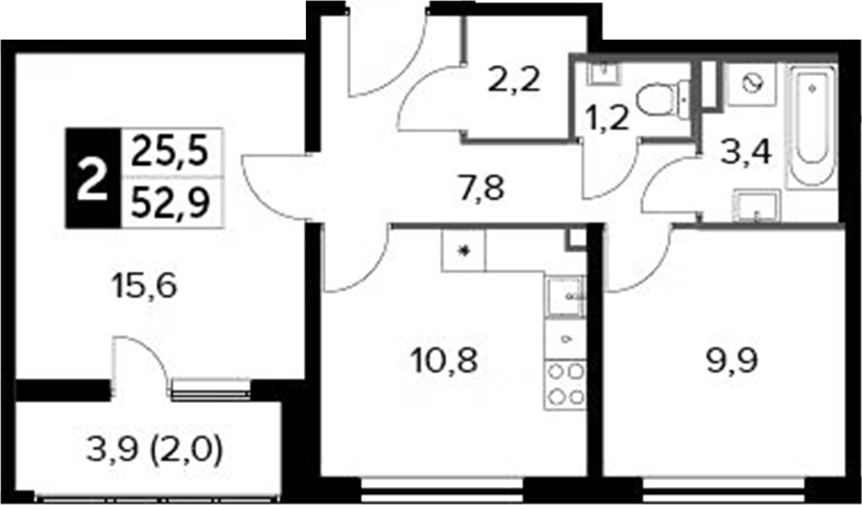 Планировка двухкомнатная 52.9 м² в ЖК «Южная Битца», корпус 7