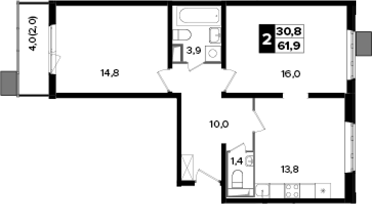 Планировка двухкомнатная 61.9 м² в ЖК «Южная Битца», корпус 6