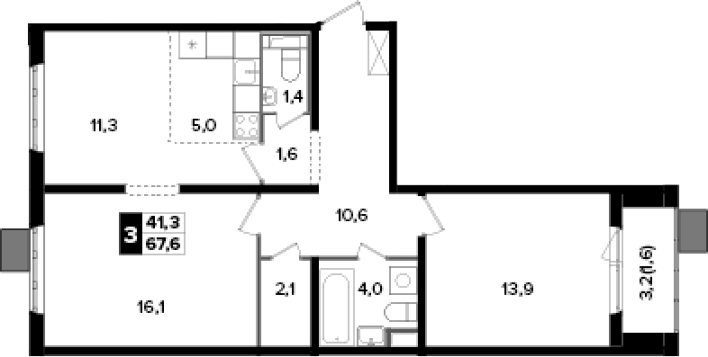 Планировка евротрёшка (3Е) 67.6 м² в ЖК «Южная Битца», корпус 6